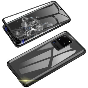 Луксозен алуминиев бъмпър от 2 части с магнити и стъклен протектор лице и гръб оригинален Magnetic Hardware Case за Samsung Galaxy S20 Ultra G988 черен 
